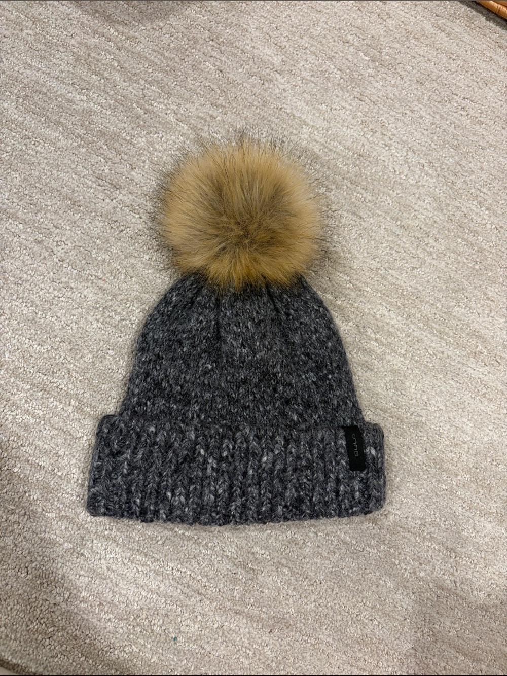 Knit Pom Beanie in Gray with Tan Pom